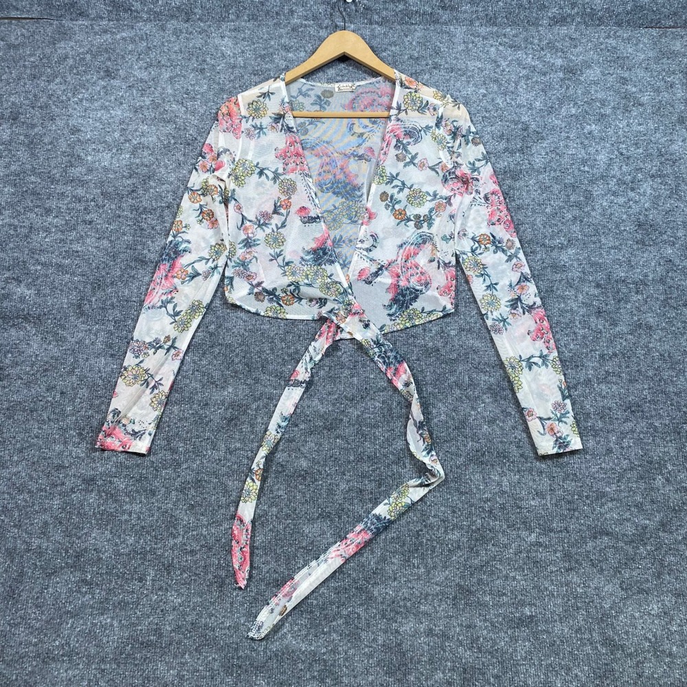 Intimately Free People Floral Sheer Mesh Wrap Crop Top Long Sleeve Small Pink